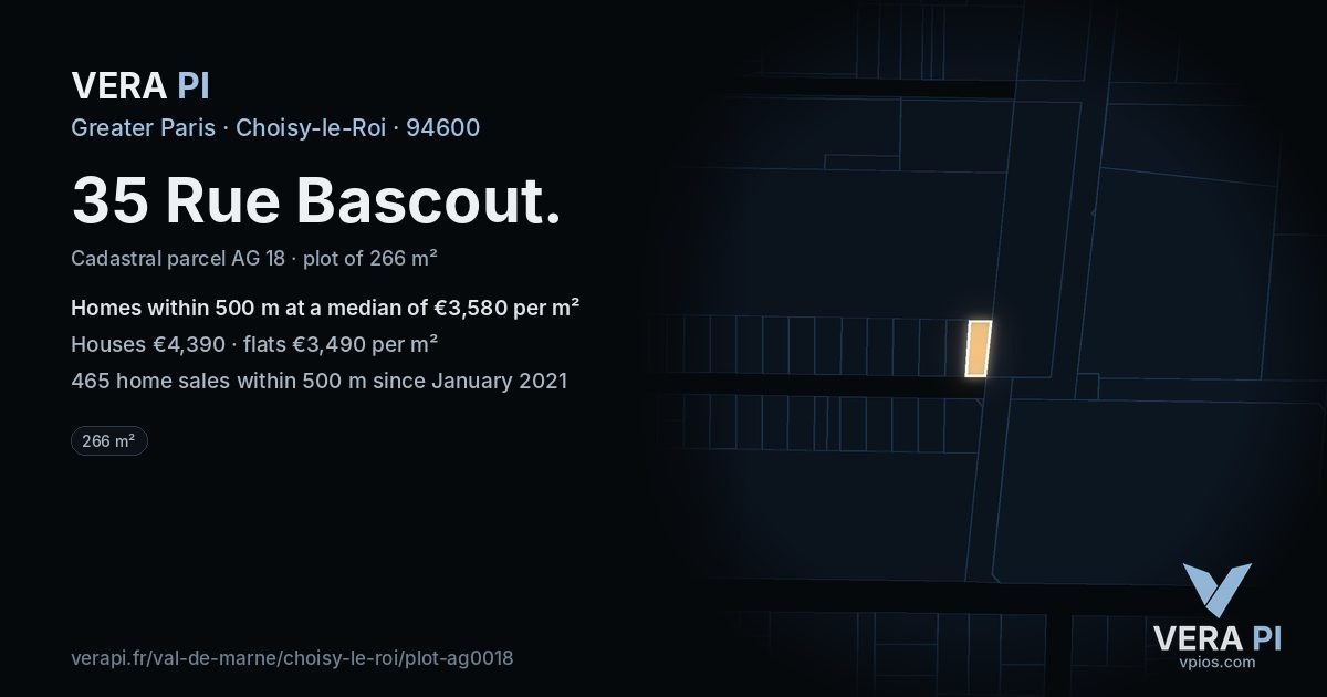 35 Rue Bascout, Choisy-le-Roi at night – the plot lit, the parcels around coloured by the prices near them