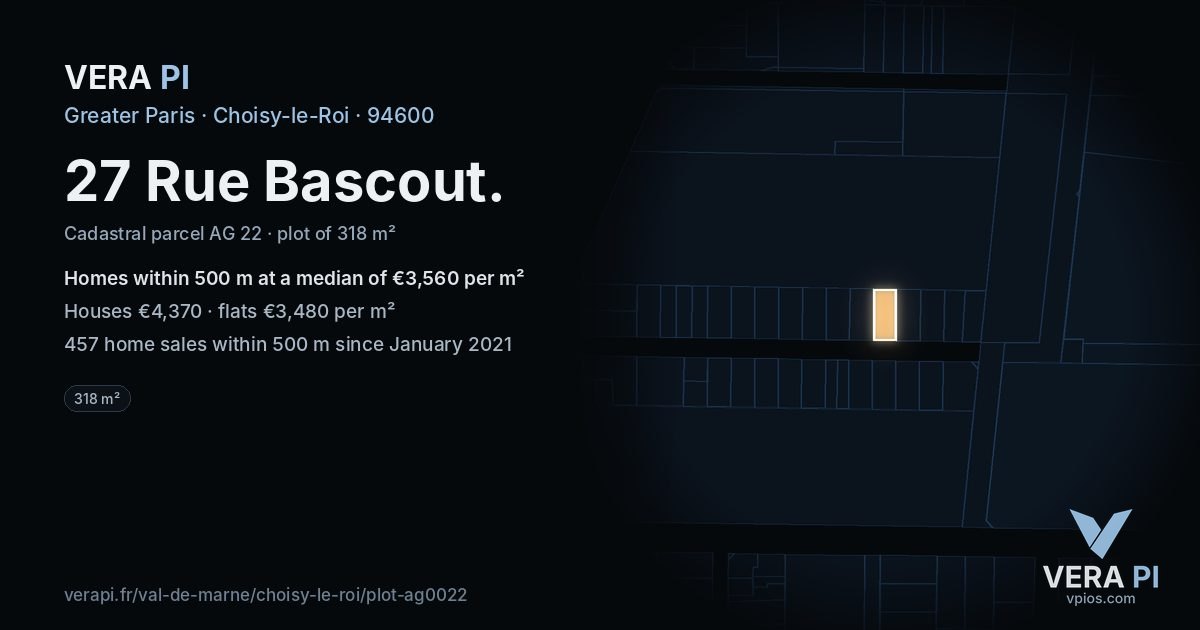 27 Rue Bascout, Choisy-le-Roi at night – the plot lit, the parcels around coloured by the prices near them