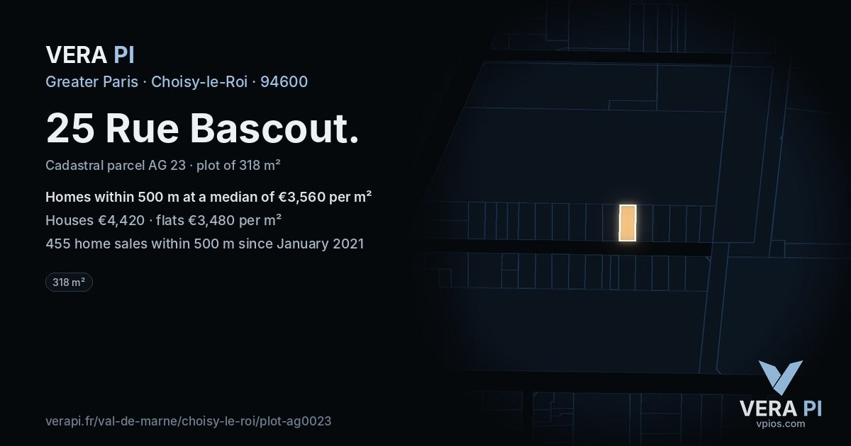 25 Rue Bascout, Choisy-le-Roi at night – the plot lit, the parcels around coloured by the prices near them