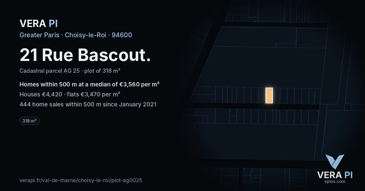 21 Rue Bascout, Choisy-le-Roi at night – the plot lit, the parcels around coloured by the prices near them