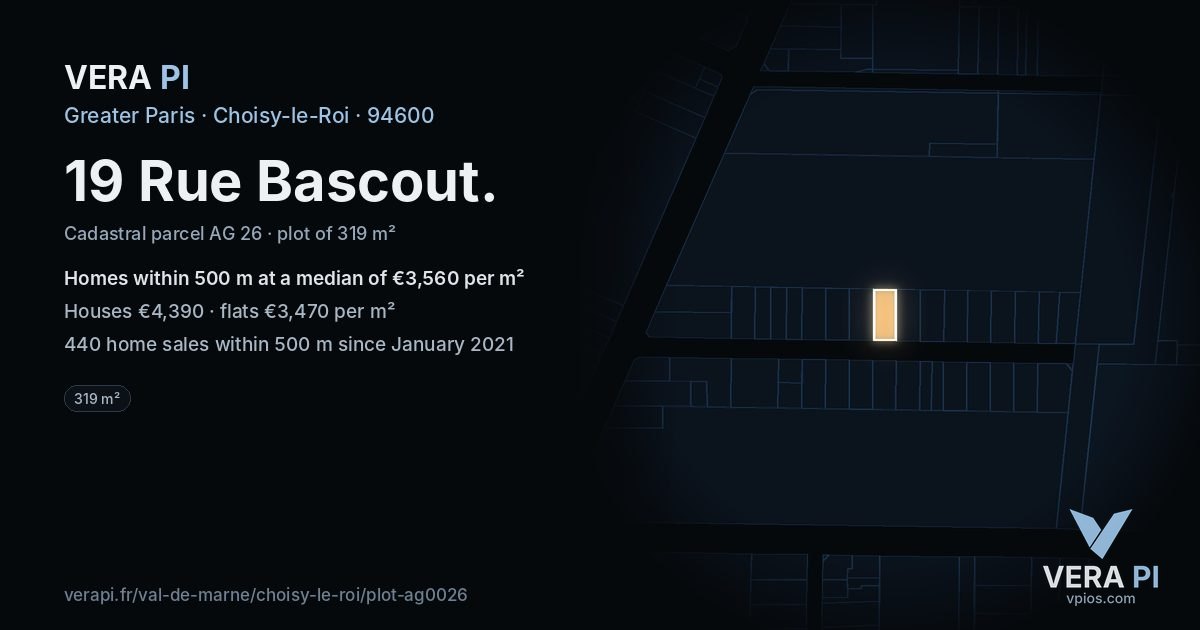 19 Rue Bascout, Choisy-le-Roi at night – the plot lit, the parcels around coloured by the prices near them