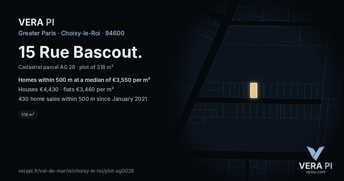 15 Rue Bascout, Choisy-le-Roi at night – the plot lit, the parcels around coloured by the prices near them