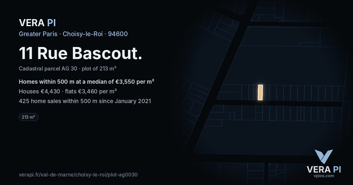 11 Rue Bascout, Choisy-le-Roi at night – the plot lit, the parcels around coloured by the prices near them