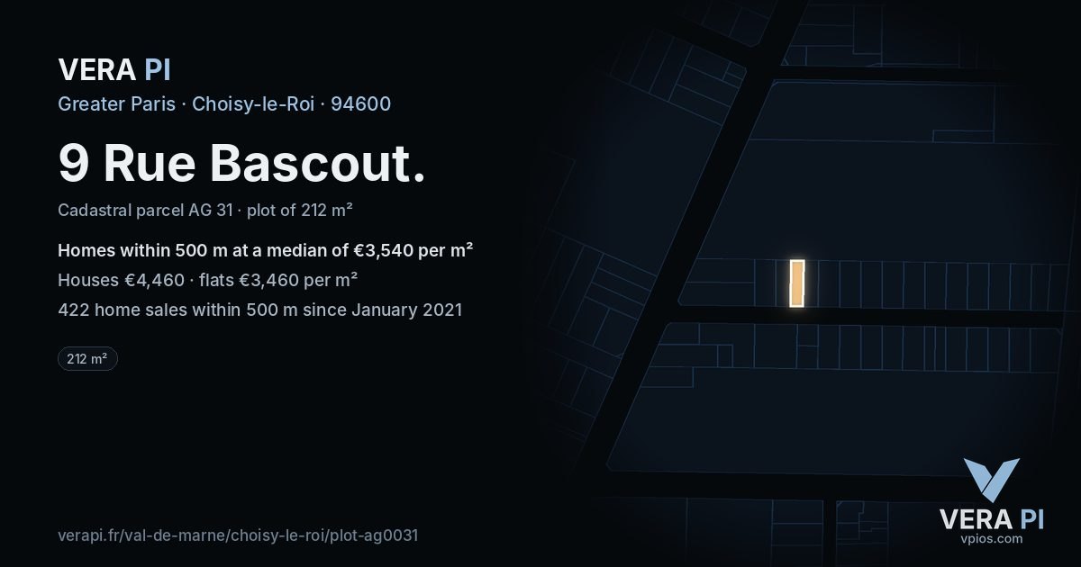 9 Rue Bascout, Choisy-le-Roi at night – the plot lit, the parcels around coloured by the prices near them