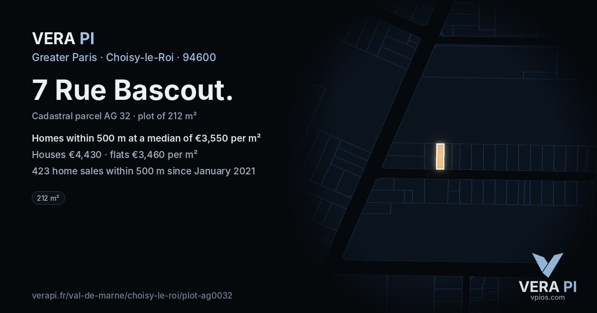7 Rue Bascout, Choisy-le-Roi at night – the plot lit, the parcels around coloured by the prices near them