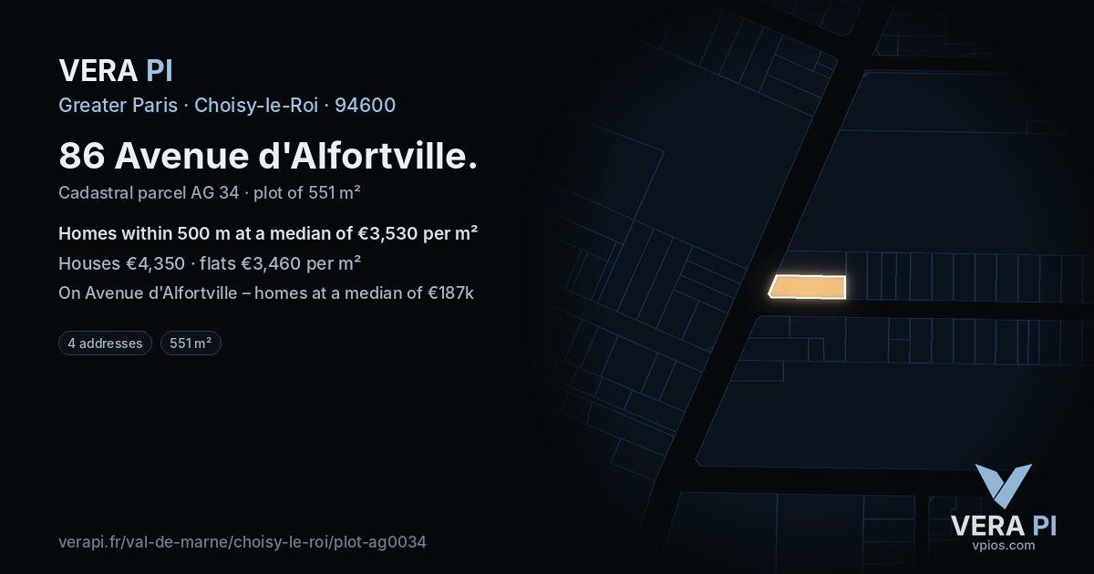 86 Avenue d'Alfortville, Choisy-le-Roi at night – the plot lit, the parcels around coloured by the prices near them