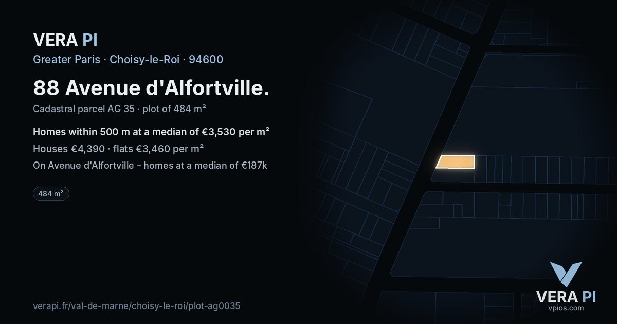 88 Avenue d'Alfortville, Choisy-le-Roi at night – the plot lit, the parcels around coloured by the prices near them