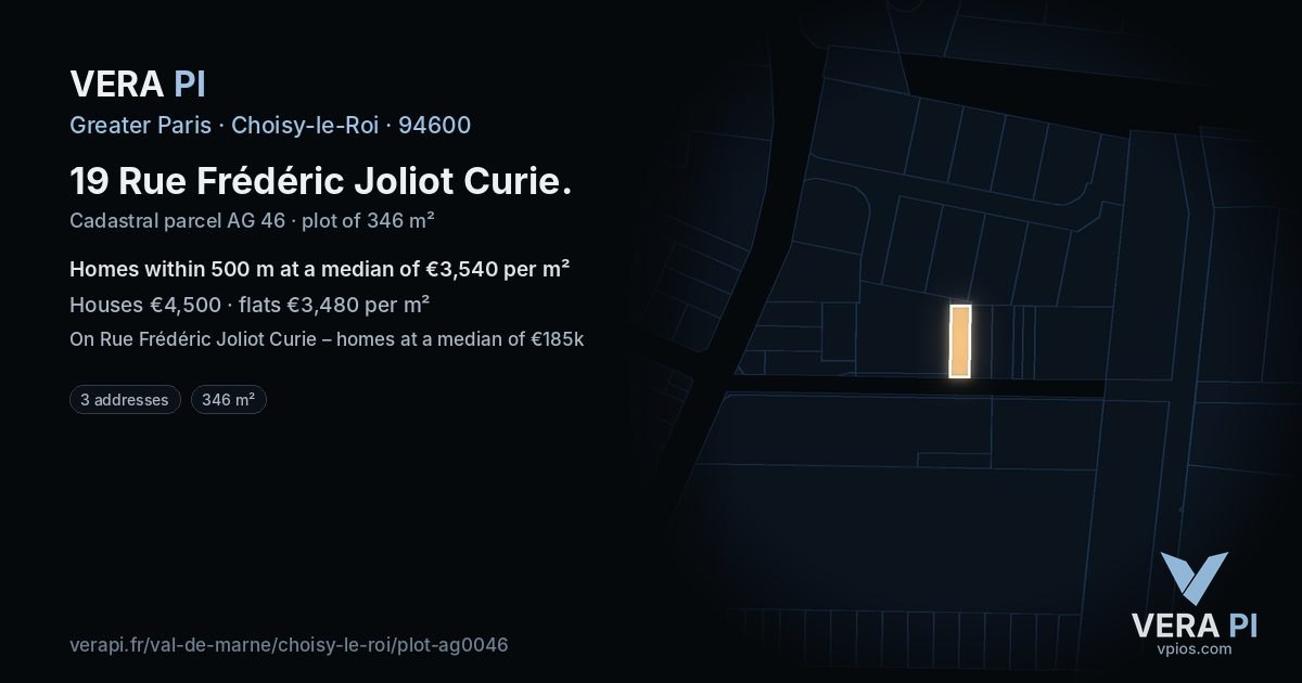 19 Rue Frédéric Joliot Curie, Choisy-le-Roi at night – the plot lit, the parcels around coloured by the prices near them