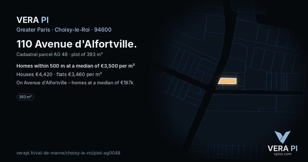 110 Avenue d'Alfortville, Choisy-le-Roi at night – the plot lit, the parcels around coloured by the prices near them