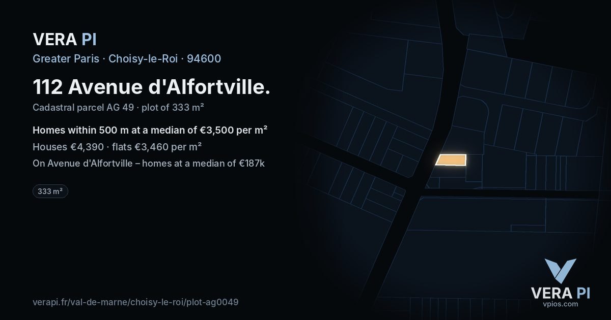 112 Avenue d'Alfortville, Choisy-le-Roi at night – the plot lit, the parcels around coloured by the prices near them