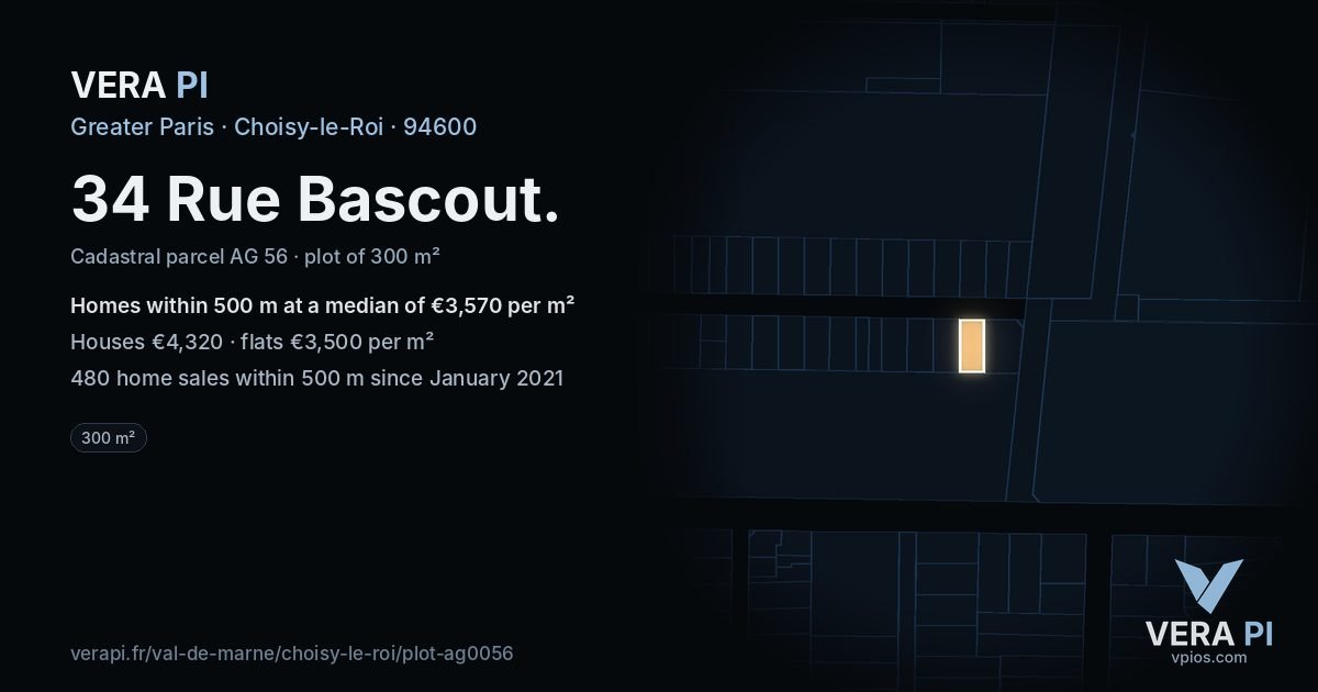 34 Rue Bascout, Choisy-le-Roi at night – the plot lit, the parcels around coloured by the prices near them