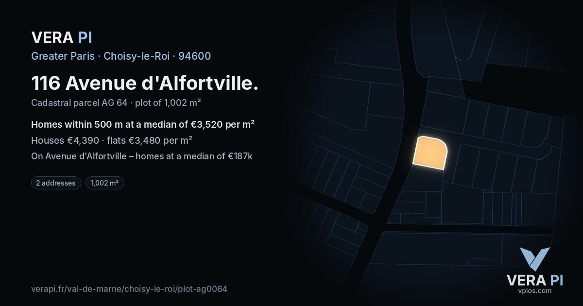 116 Avenue d'Alfortville, Choisy-le-Roi at night – the plot lit, the parcels around coloured by the prices near them