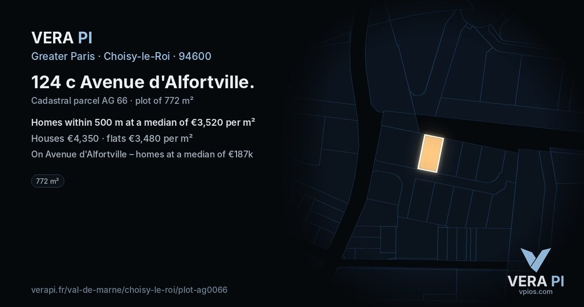 124 c Avenue d'Alfortville, Choisy-le-Roi at night – the plot lit, the parcels around coloured by the prices near them