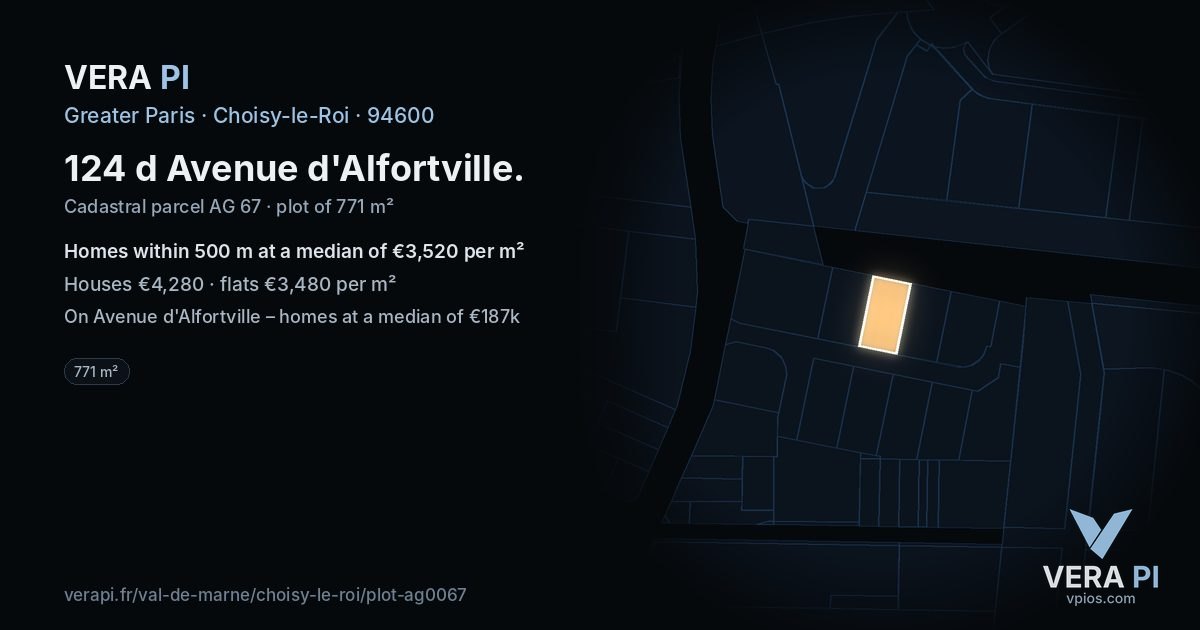 124 d Avenue d'Alfortville, Choisy-le-Roi at night – the plot lit, the parcels around coloured by the prices near them