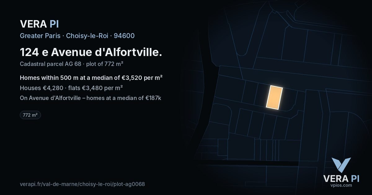 124 e Avenue d'Alfortville, Choisy-le-Roi at night – the plot lit, the parcels around coloured by the prices near them