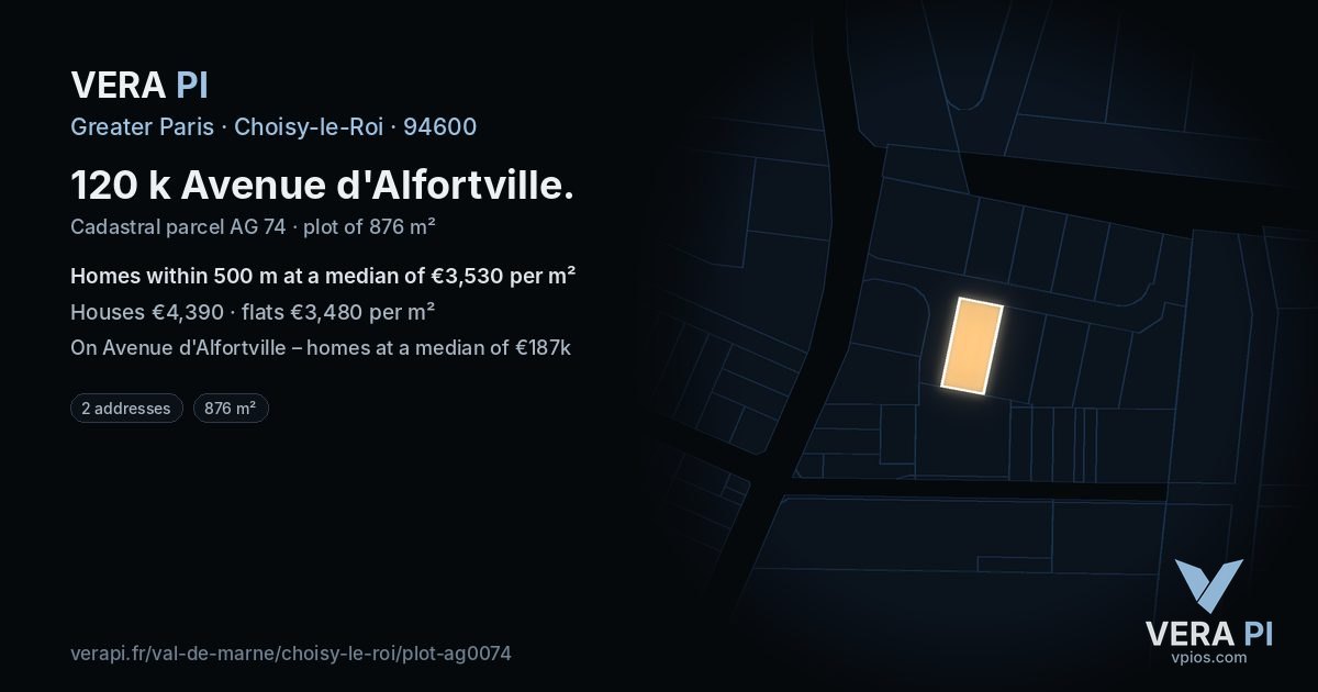 120 k Avenue d'Alfortville, Choisy-le-Roi at night – the plot lit, the parcels around coloured by the prices near them