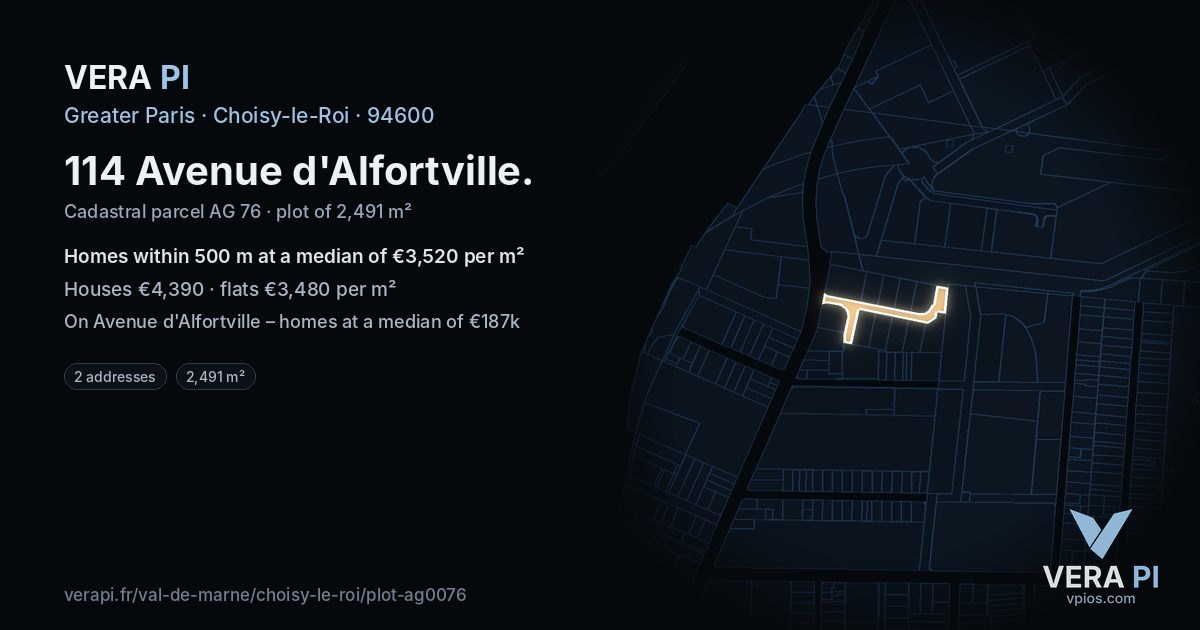 114 Avenue d'Alfortville, Choisy-le-Roi at night – the plot lit, the parcels around coloured by the prices near them