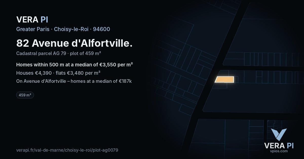 82 Avenue d'Alfortville, Choisy-le-Roi at night – the plot lit, the parcels around coloured by the prices near them