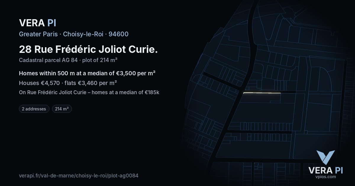 28 Rue Frédéric Joliot Curie, Choisy-le-Roi at night – the plot lit, the parcels around coloured by the prices near them
