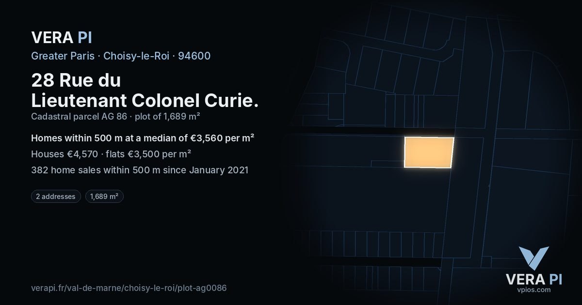 28 Rue du Lieutenant Colonel Curie, Choisy-le-Roi at night – the plot lit, the parcels around coloured by the prices near them