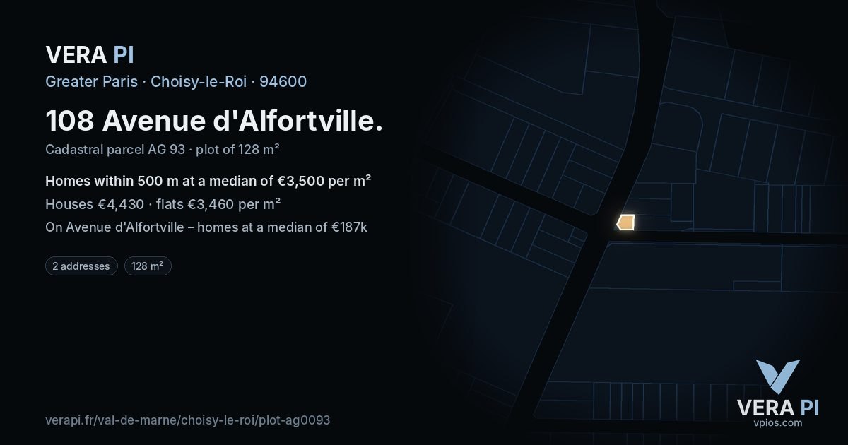 108 Avenue d'Alfortville, Choisy-le-Roi at night – the plot lit, the parcels around coloured by the prices near them