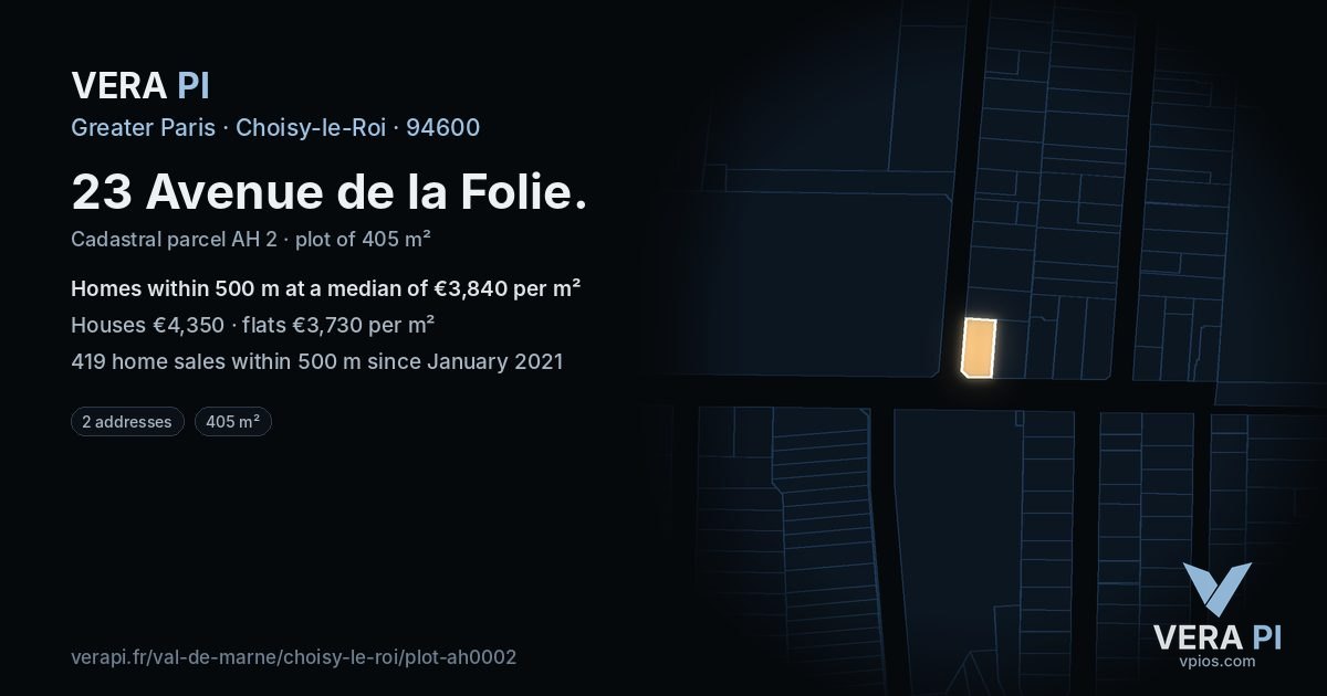23 Avenue de la Folie, Choisy-le-Roi at night – the plot lit, the parcels around coloured by the prices near them