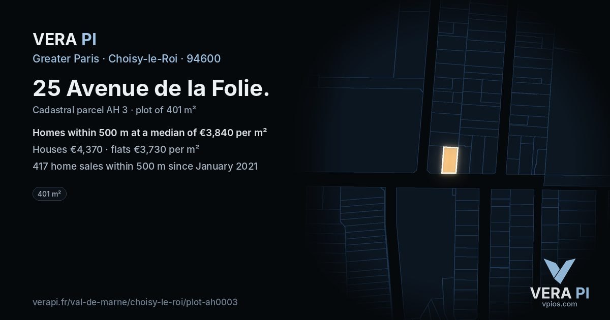 25 Avenue de la Folie, Choisy-le-Roi at night – the plot lit, the parcels around coloured by the prices near them