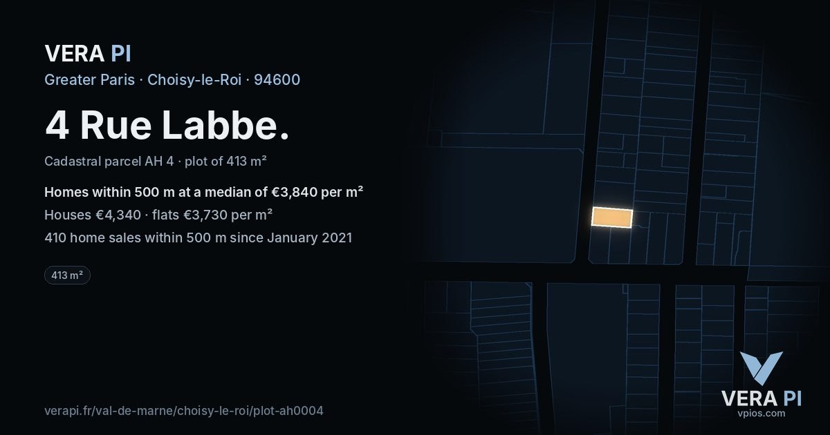 4 Rue Labbe, Choisy-le-Roi at night – the plot lit, the parcels around coloured by the prices near them