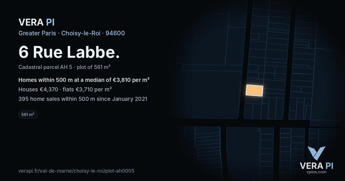 6 Rue Labbe, Choisy-le-Roi at night – the plot lit, the parcels around coloured by the prices near them