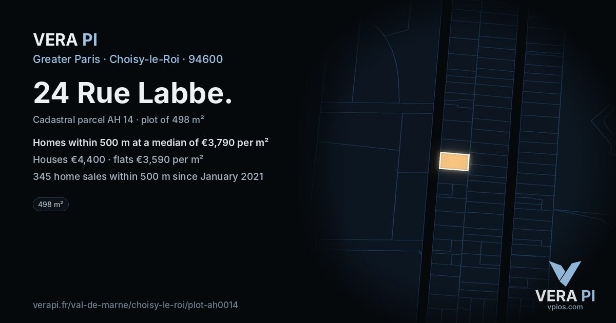 24 Rue Labbe, Choisy-le-Roi at night – the plot lit, the parcels around coloured by the prices near them