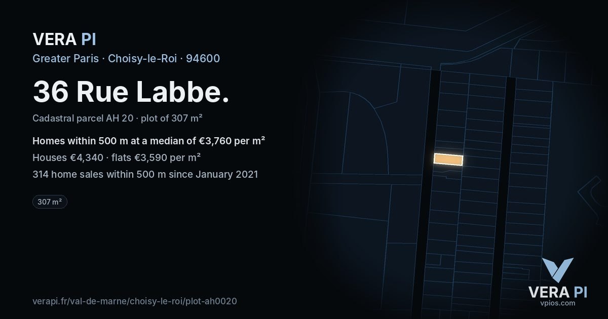 36 Rue Labbe, Choisy-le-Roi at night – the plot lit, the parcels around coloured by the prices near them