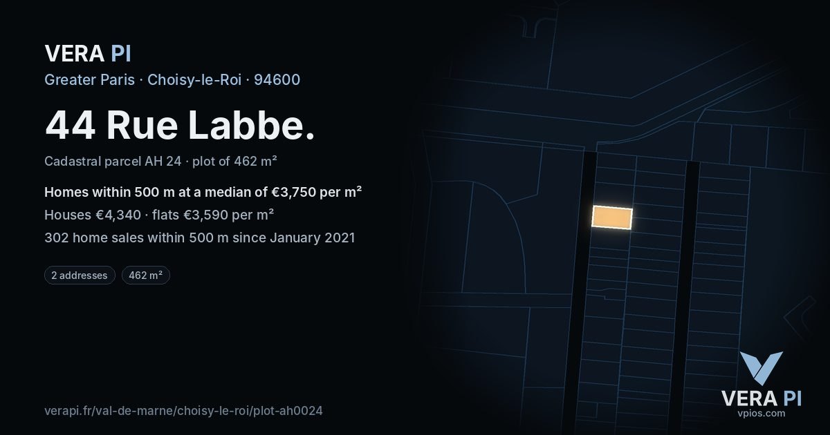 44 Rue Labbe, Choisy-le-Roi at night – the plot lit, the parcels around coloured by the prices near them