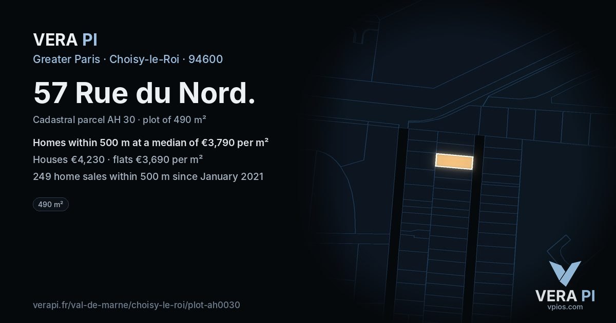 57 Rue du Nord, Choisy-le-Roi at night – the plot lit, the parcels around coloured by the prices near them