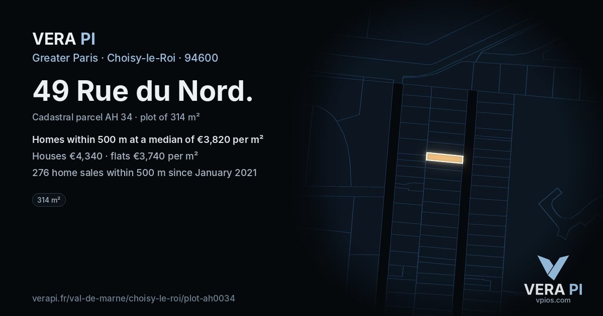 49 Rue du Nord, Choisy-le-Roi at night – the plot lit, the parcels around coloured by the prices near them