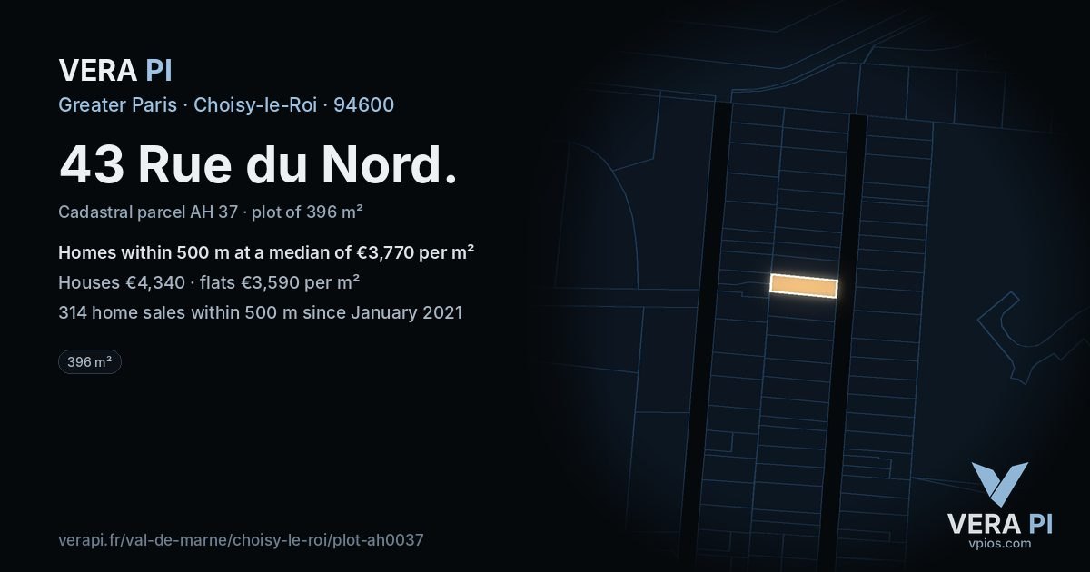43 Rue du Nord, Choisy-le-Roi at night – the plot lit, the parcels around coloured by the prices near them