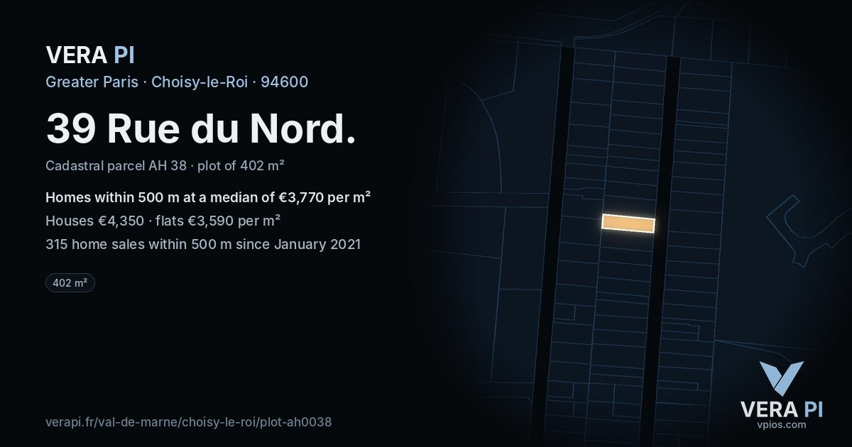39 Rue du Nord, Choisy-le-Roi at night – the plot lit, the parcels around coloured by the prices near them