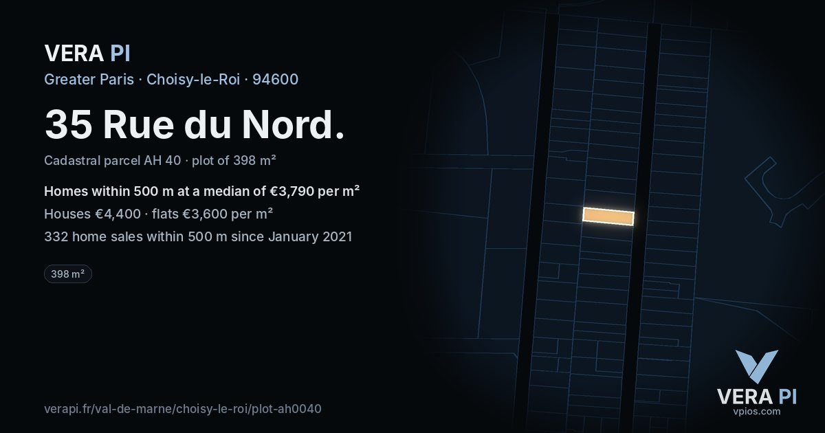 35 Rue du Nord, Choisy-le-Roi at night – the plot lit, the parcels around coloured by the prices near them