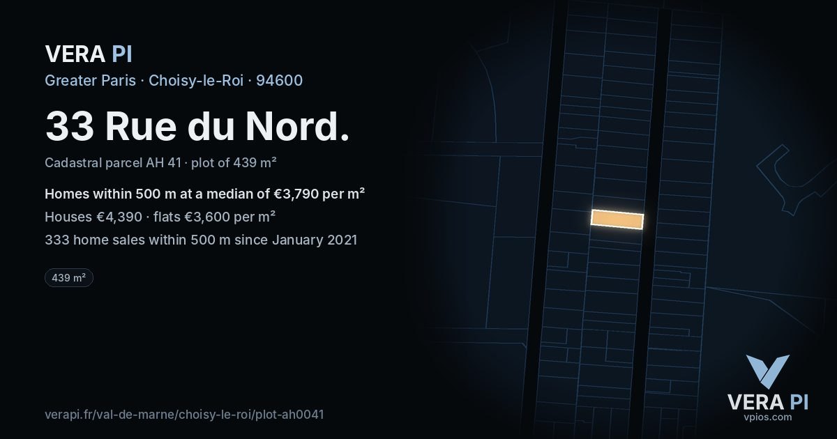 33 Rue du Nord, Choisy-le-Roi at night – the plot lit, the parcels around coloured by the prices near them