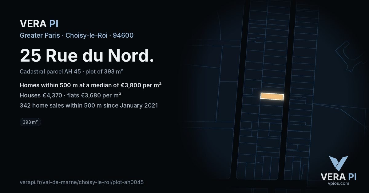 25 Rue du Nord, Choisy-le-Roi at night – the plot lit, the parcels around coloured by the prices near them