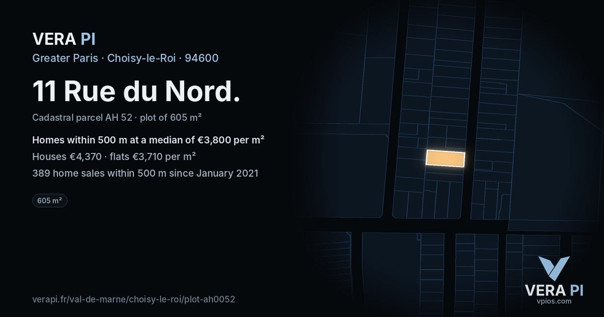 11 Rue du Nord, Choisy-le-Roi at night – the plot lit, the parcels around coloured by the prices near them