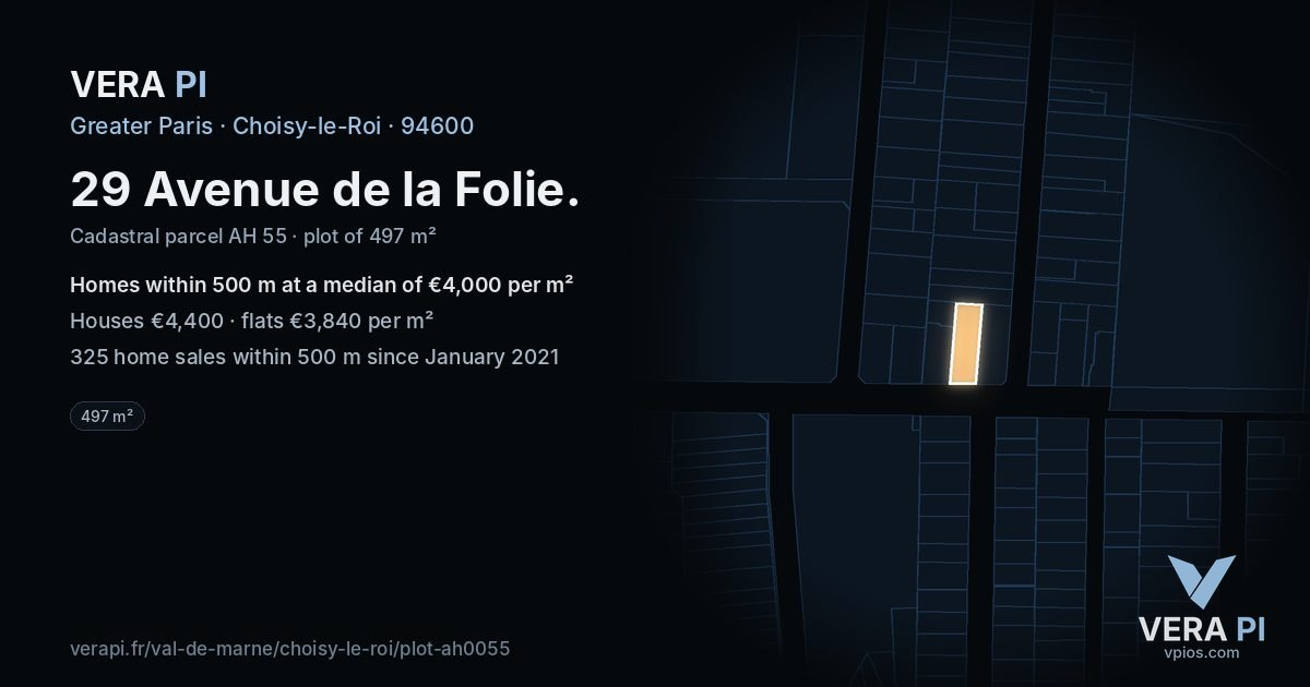 29 Avenue de la Folie, Choisy-le-Roi at night – the plot lit, the parcels around coloured by the prices near them