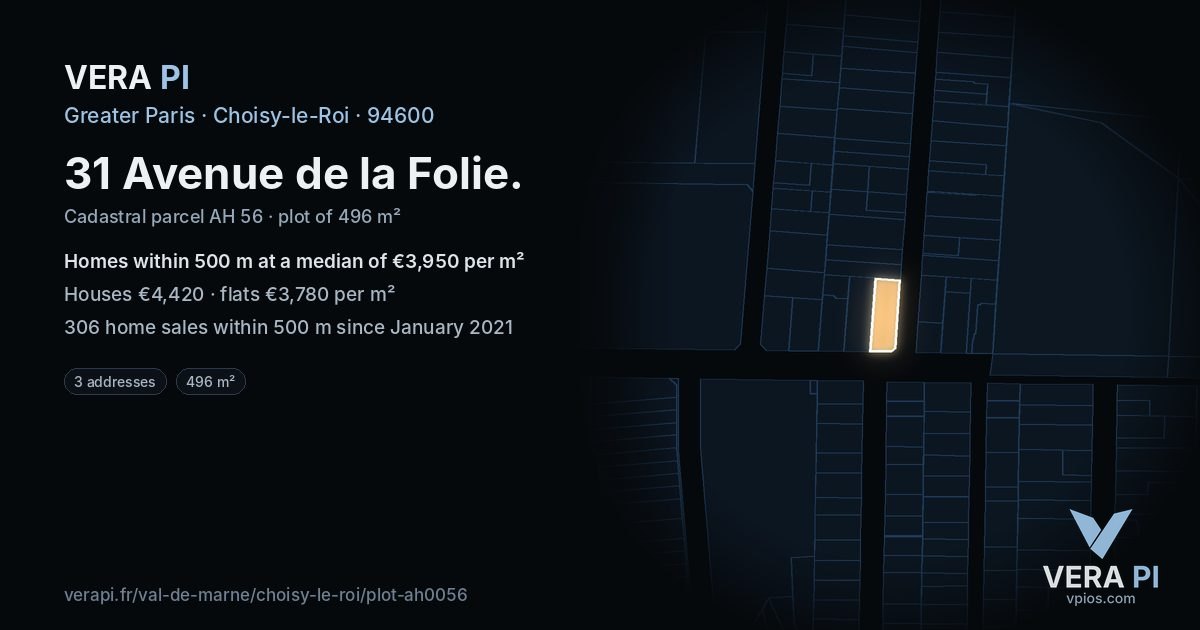 31 Avenue de la Folie, Choisy-le-Roi at night – the plot lit, the parcels around coloured by the prices near them