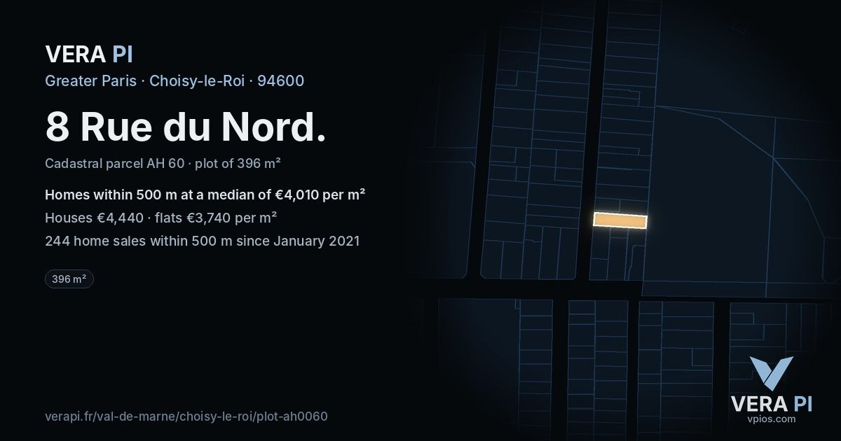 8 Rue du Nord, Choisy-le-Roi at night – the plot lit, the parcels around coloured by the prices near them