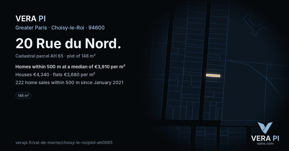 20 Rue du Nord, Choisy-le-Roi at night – the plot lit, the parcels around coloured by the prices near them
