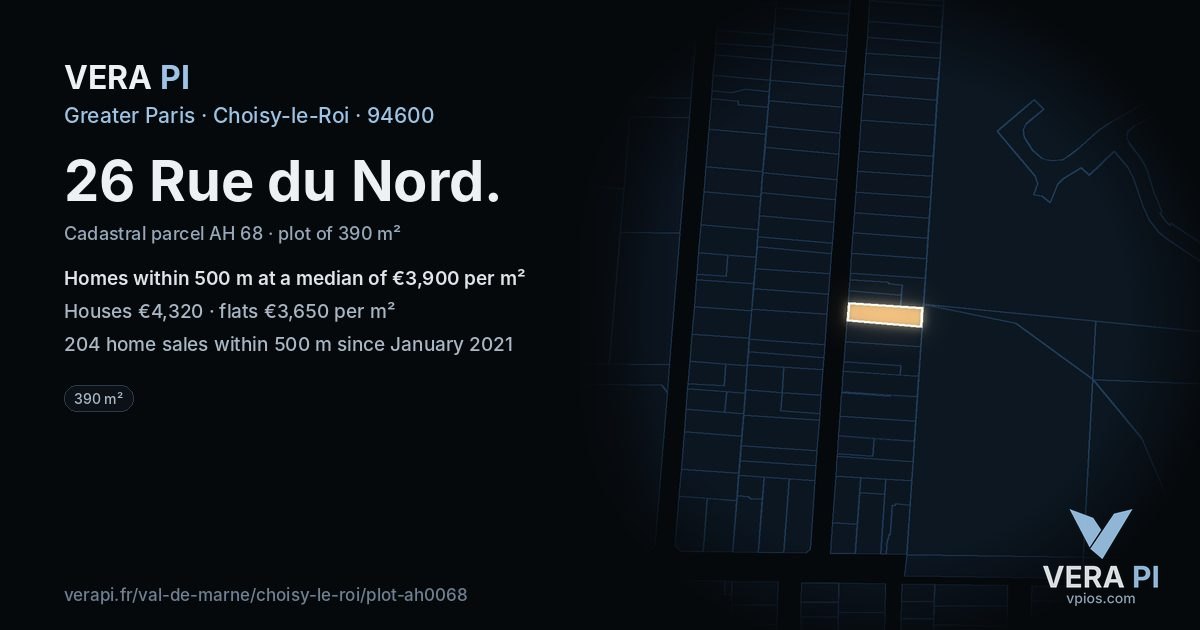 26 Rue du Nord, Choisy-le-Roi at night – the plot lit, the parcels around coloured by the prices near them