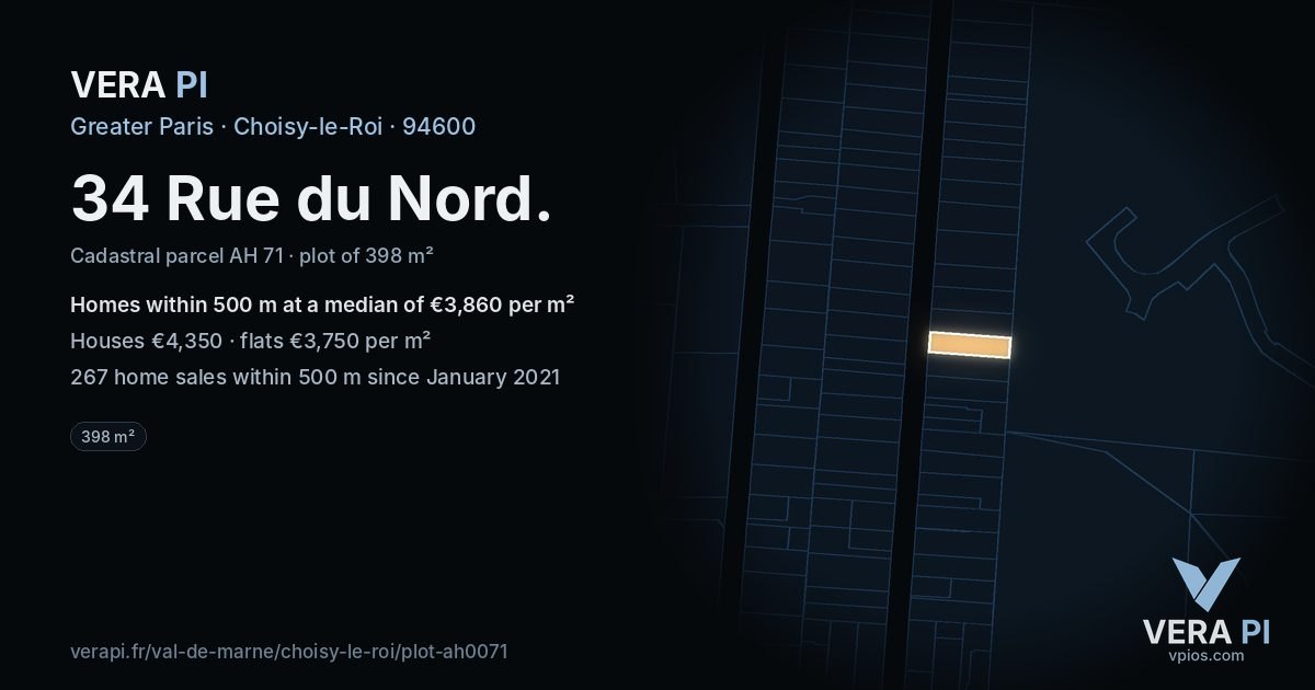 34 Rue du Nord, Choisy-le-Roi at night – the plot lit, the parcels around coloured by the prices near them
