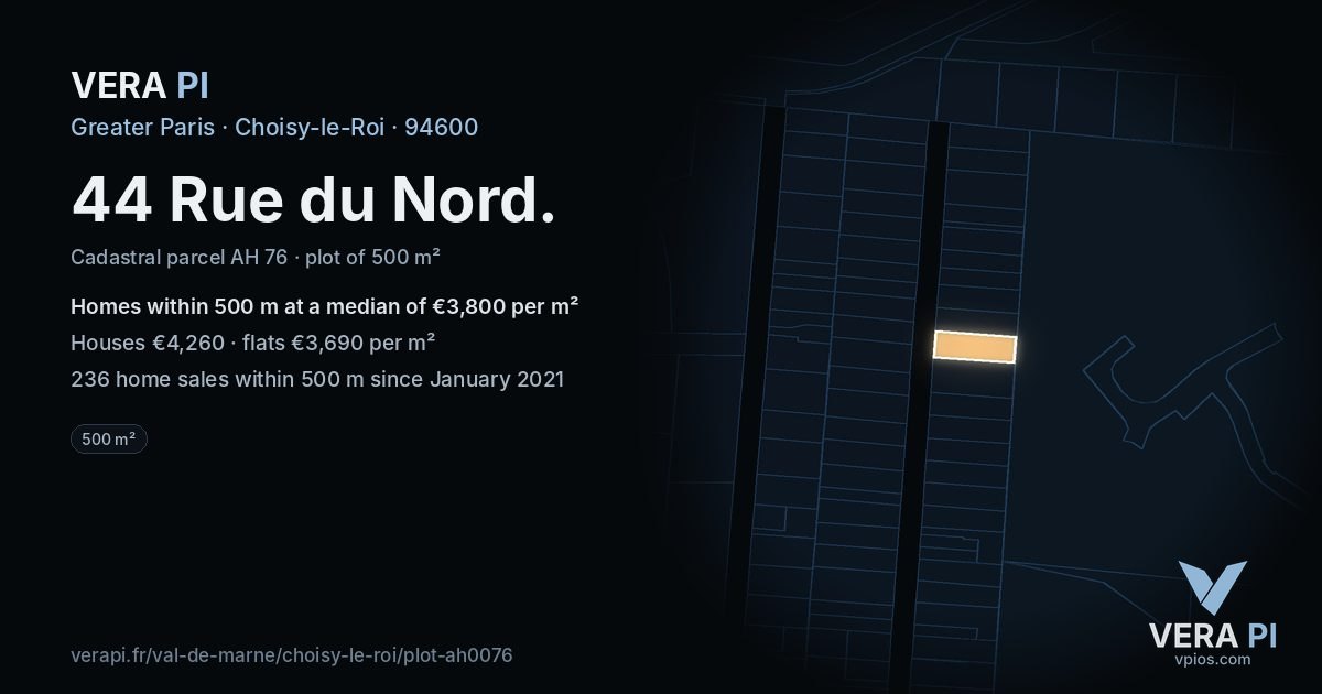 44 Rue du Nord, Choisy-le-Roi at night – the plot lit, the parcels around coloured by the prices near them