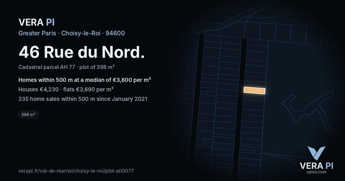 46 Rue du Nord, Choisy-le-Roi at night – the plot lit, the parcels around coloured by the prices near them
