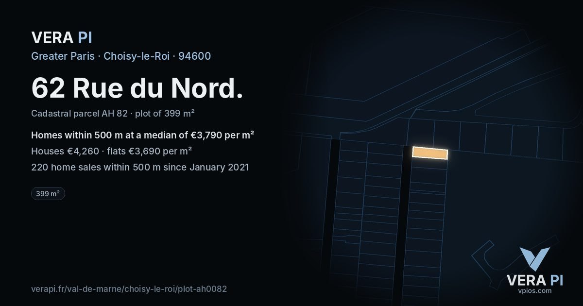 62 Rue du Nord, Choisy-le-Roi at night – the plot lit, the parcels around coloured by the prices near them