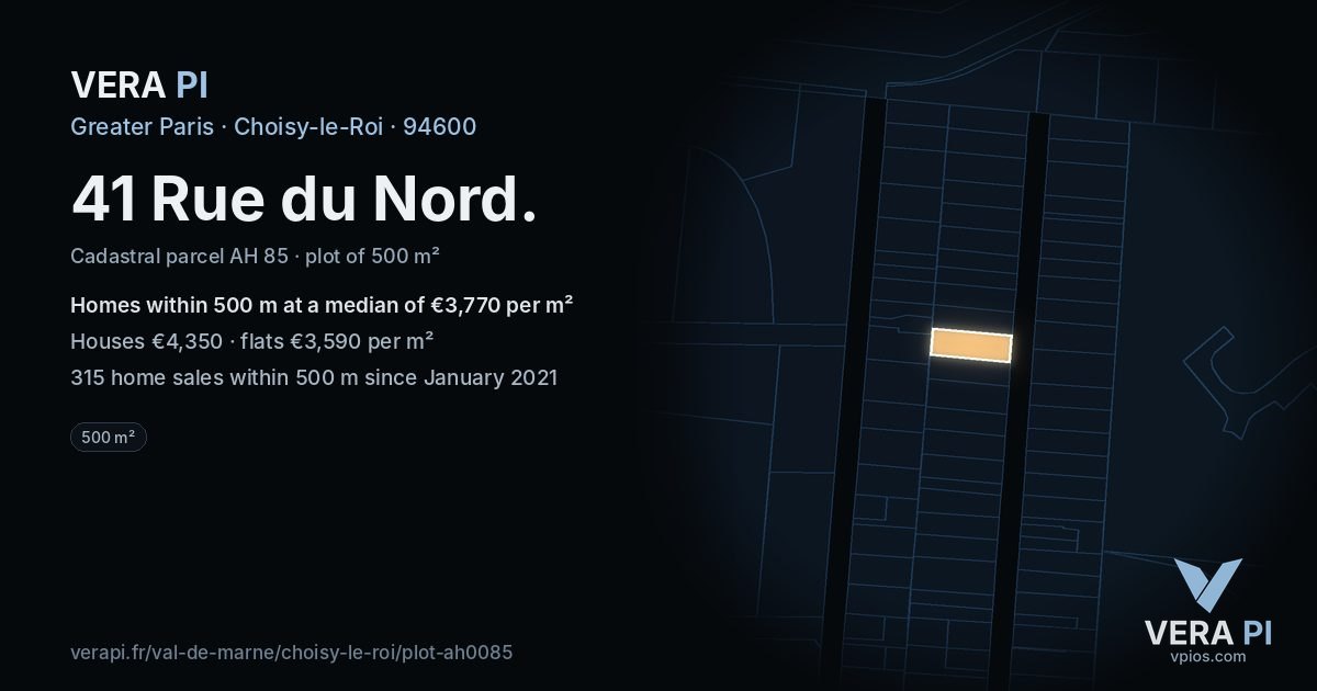 41 Rue du Nord, Choisy-le-Roi at night – the plot lit, the parcels around coloured by the prices near them